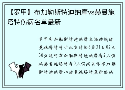 【罗甲】布加勒斯特迪纳摩vs赫曼施塔特伤病名单最新
